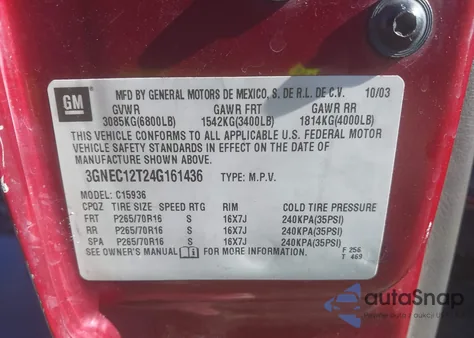 2004 Chevrolet Avalanche 1500 from USA, damaged, VIN 3GNEC12T24G161436